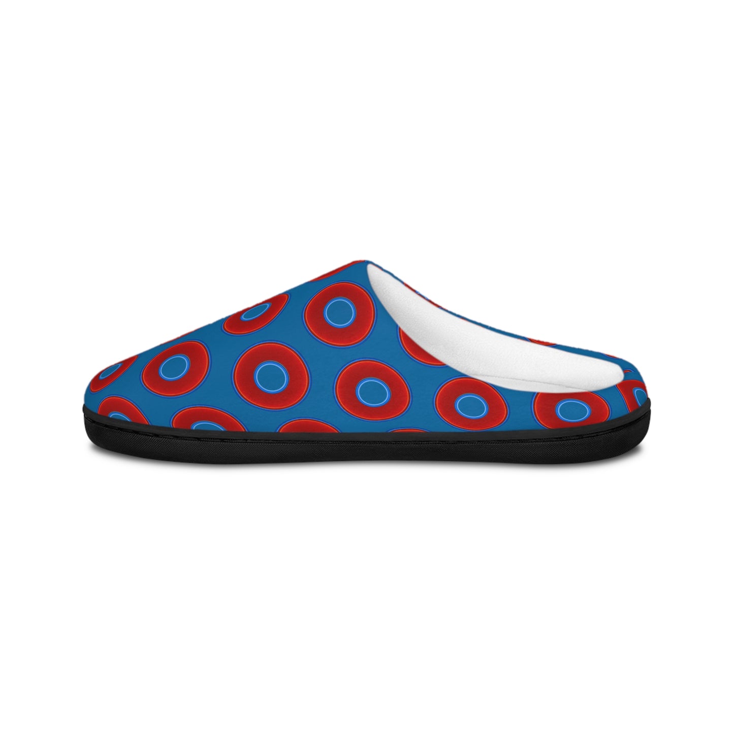 Women's Lumpy Slippers - red vivid donut print w/wavy navy blue background