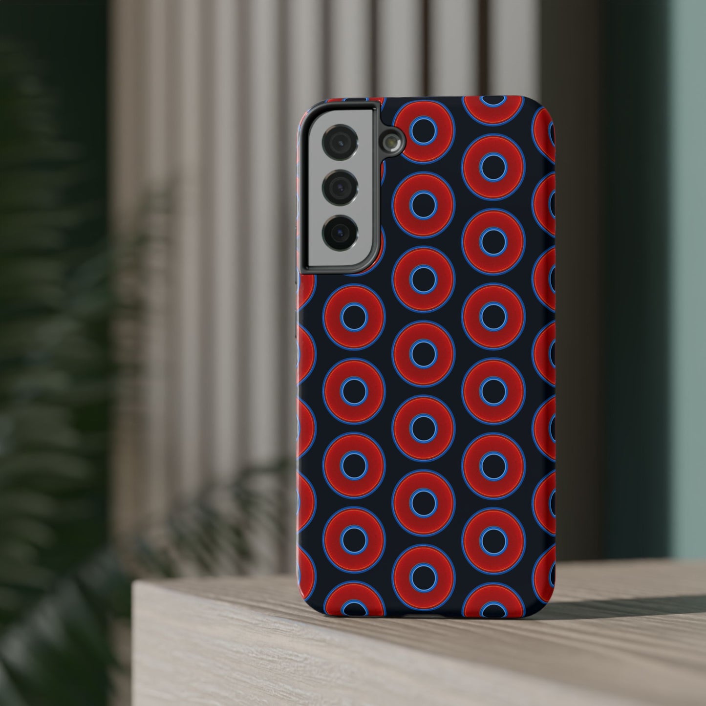 Impact-Resistant Lumpy Donut Case - red vivid donut print w/blue charcoal background
