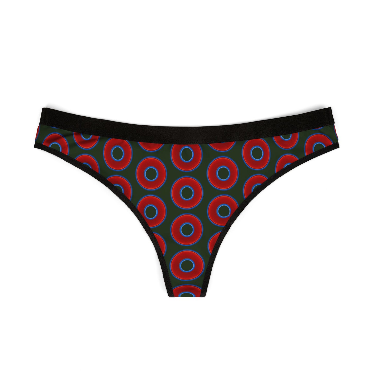 Lumpy Donut Thongs - red vivid donut print w/deep forest green background