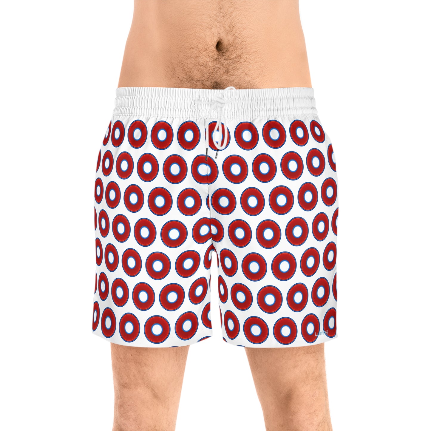 Men's Lumpy Swim Trunks - vivid red donut print w/white background