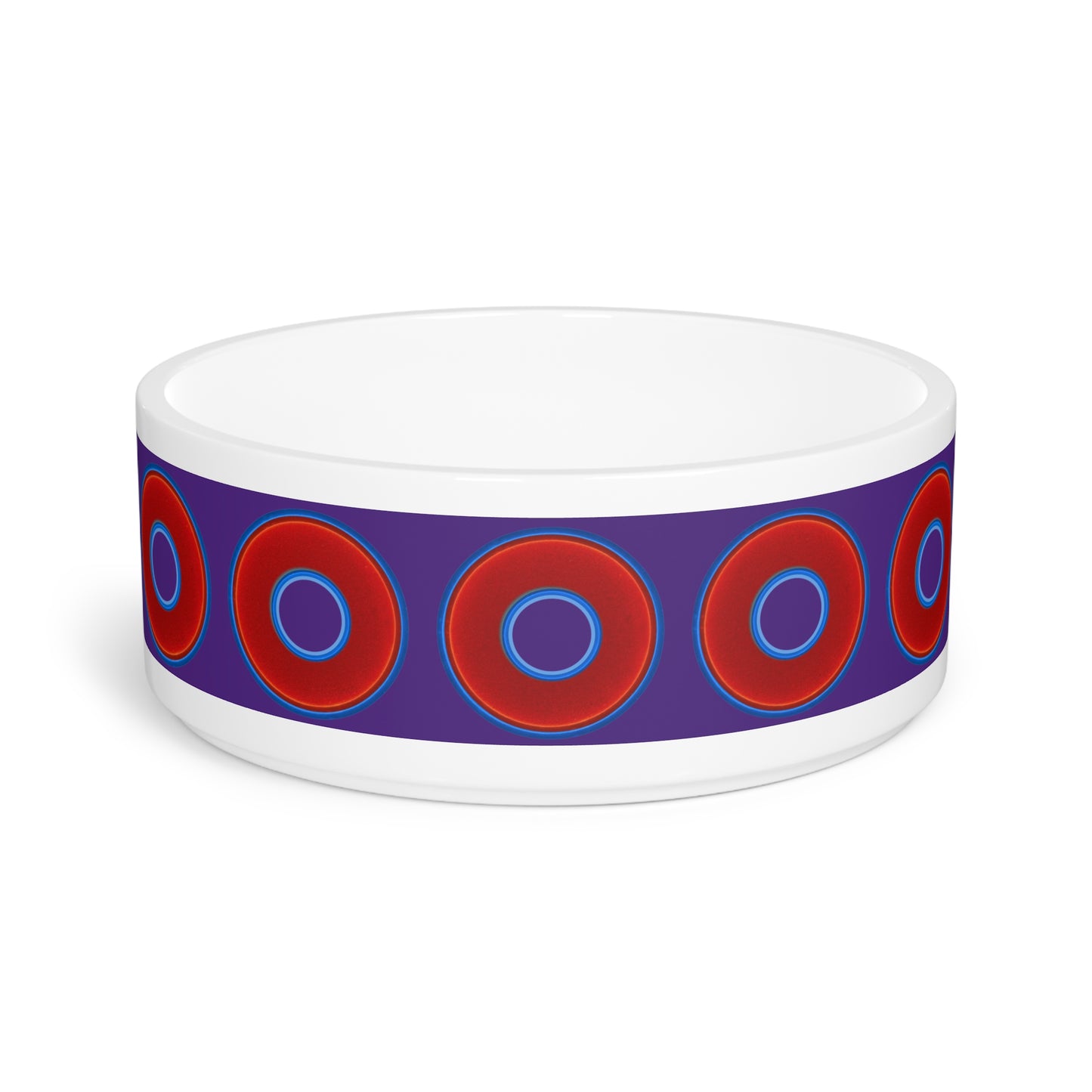 16 oz Lumpy Pet Bowl - vivid red donuts w/purple background