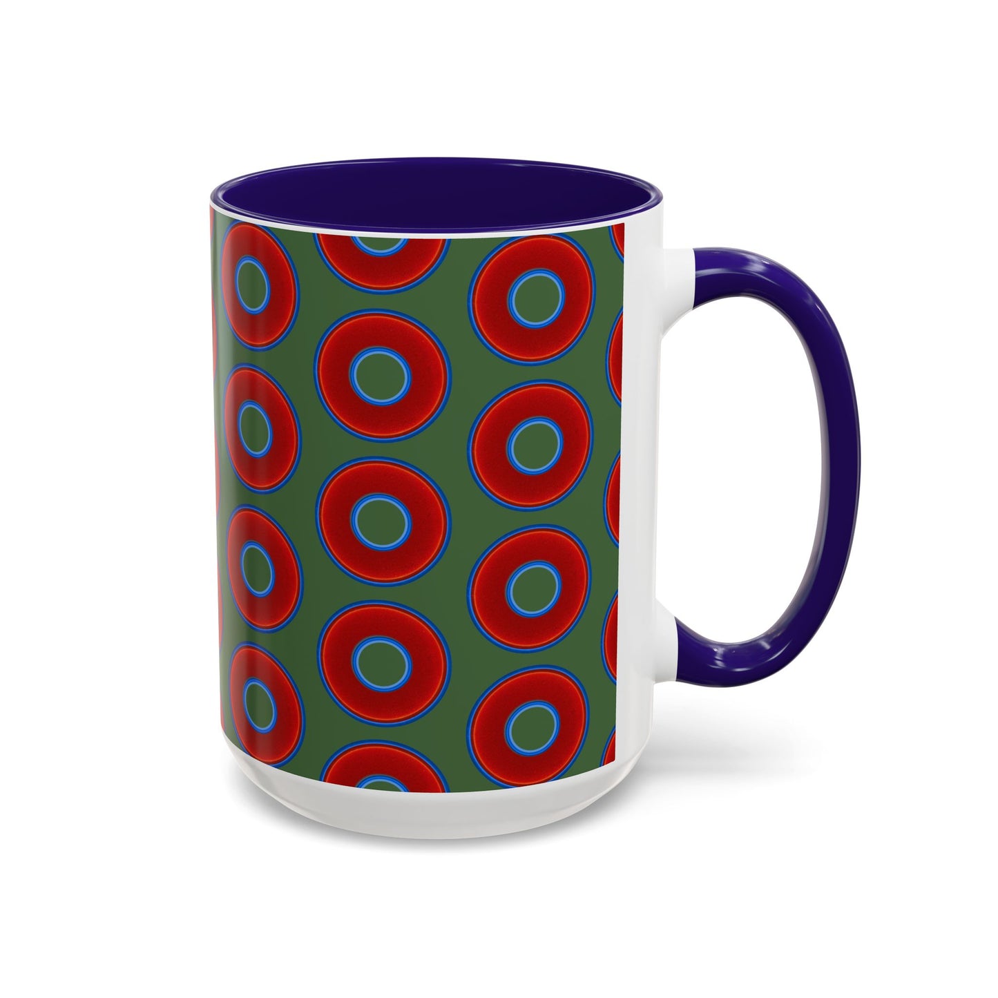 Lump's Grumpy Coffee Mug - vivid red donuts w/dark green background
