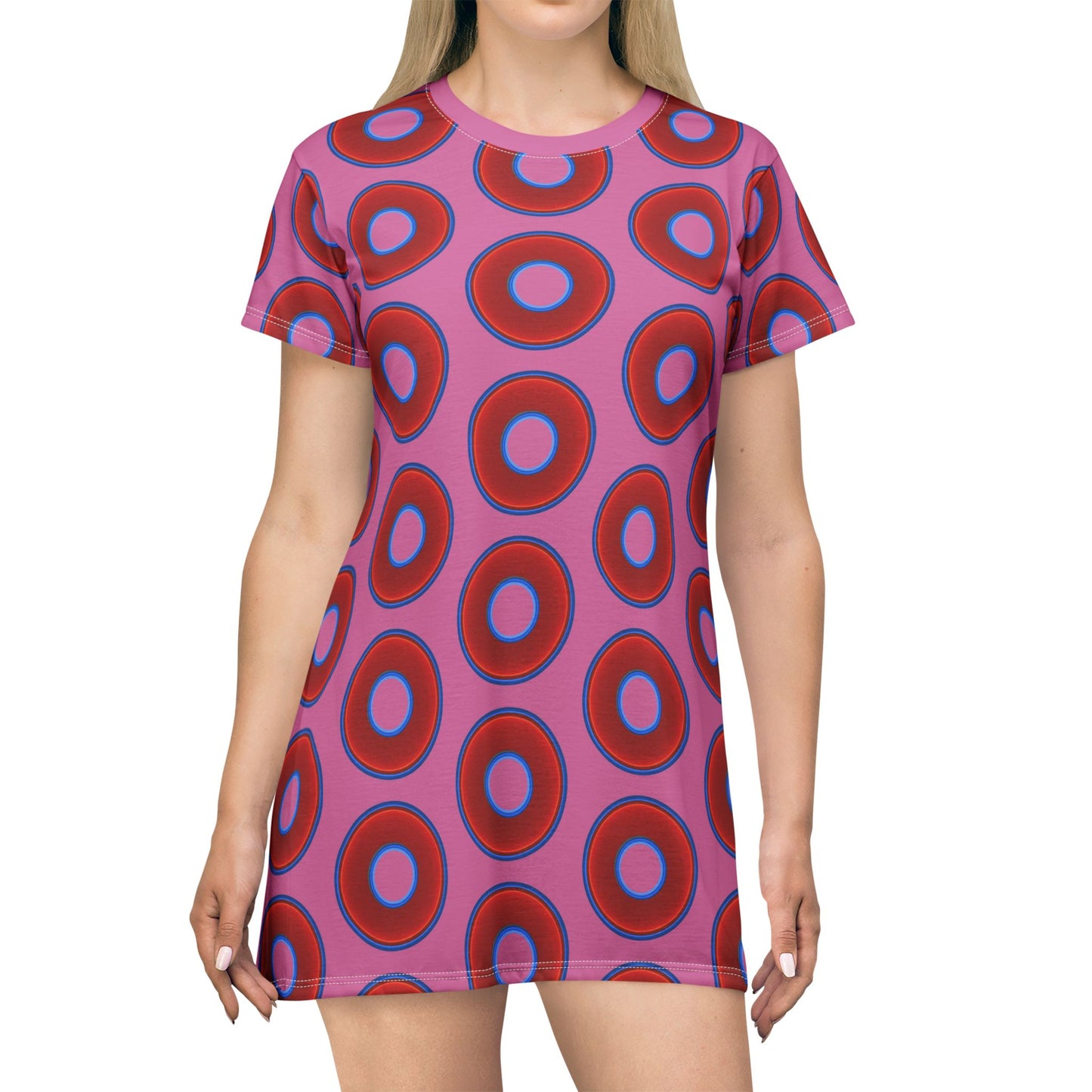 Not a Muumuu AOP Tee Shirt Dress - red vivid donuts w/pink background