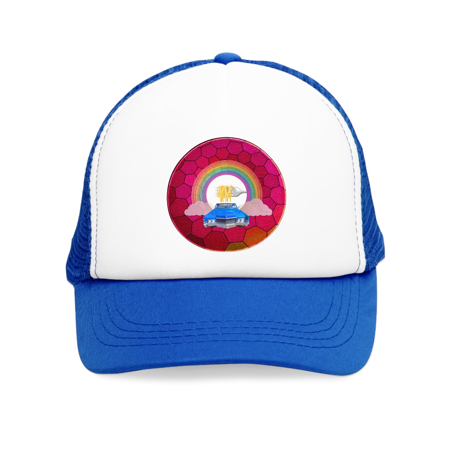 Lumpy Trucker Hat - "The Spaghetti Incident in my Caddy " - variant 3 - magenta hexadonut w/blue caddy