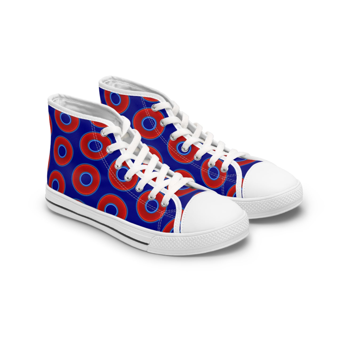 Women's High Top Chuck Taylors - large vivid red donut print w/vivid navy blue background