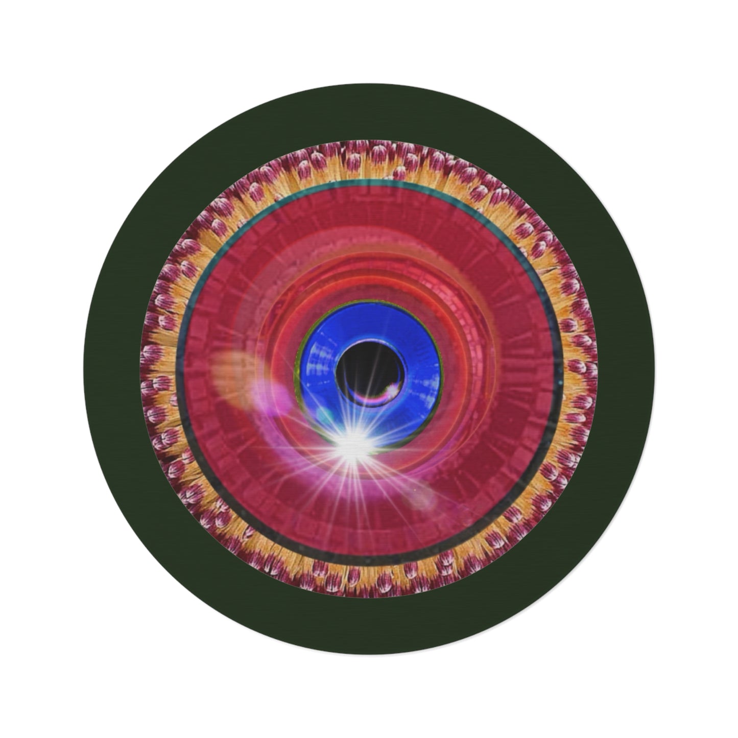 Round Room - 5 ft x 5 ft Lumpy Donut Rug - "Solitary Flour Donut Rug" - vivid flour donut w/deep forest green background - variant 1