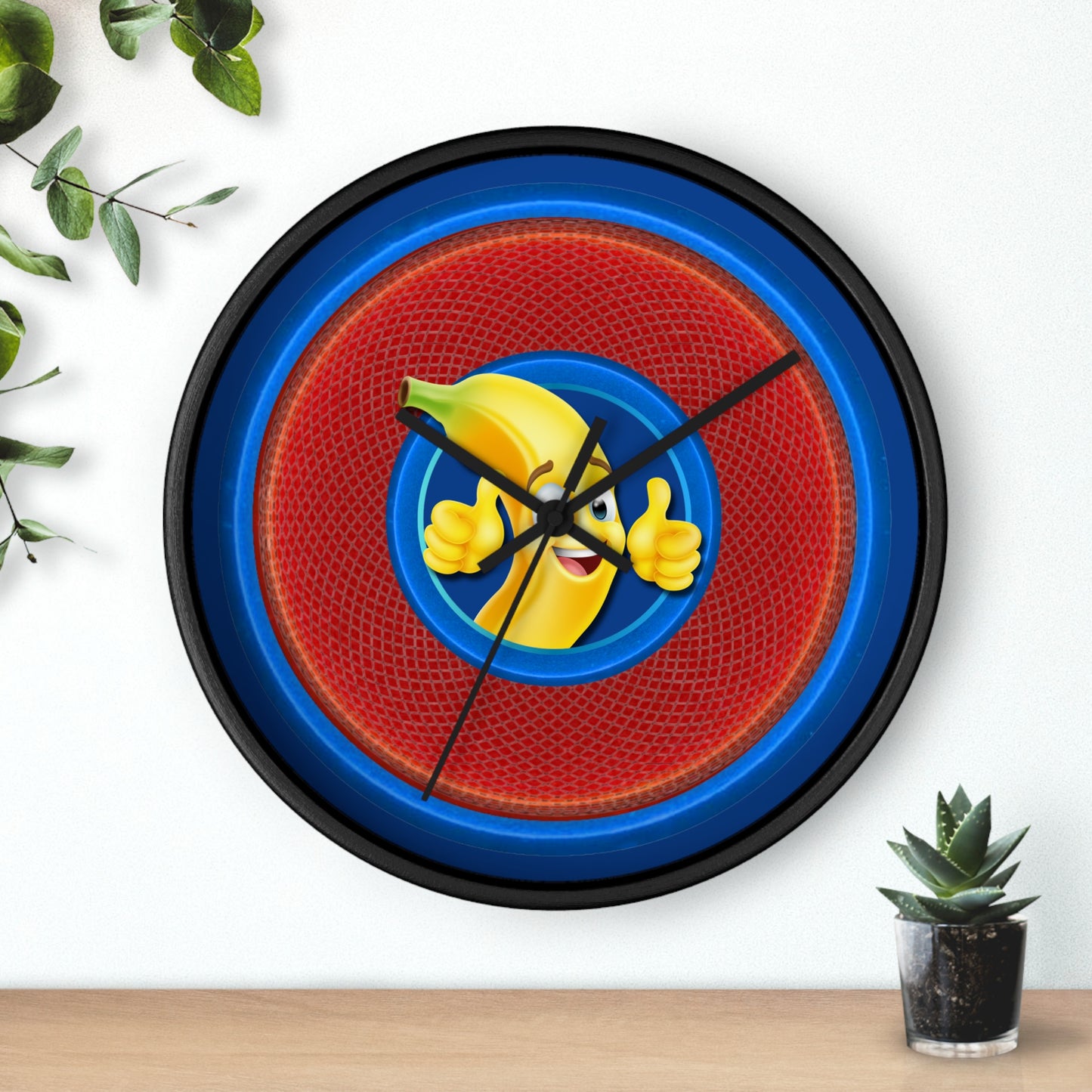 Lumpy Wall Clock - "Dis Sheet, It's Bananas" - variant 1 - red rustic donut w/dark blue background