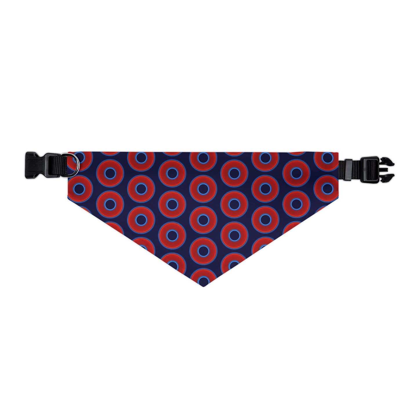 Jim's Lumpy Bandana Pet Collar - vivid red donuts w/midnight blue background