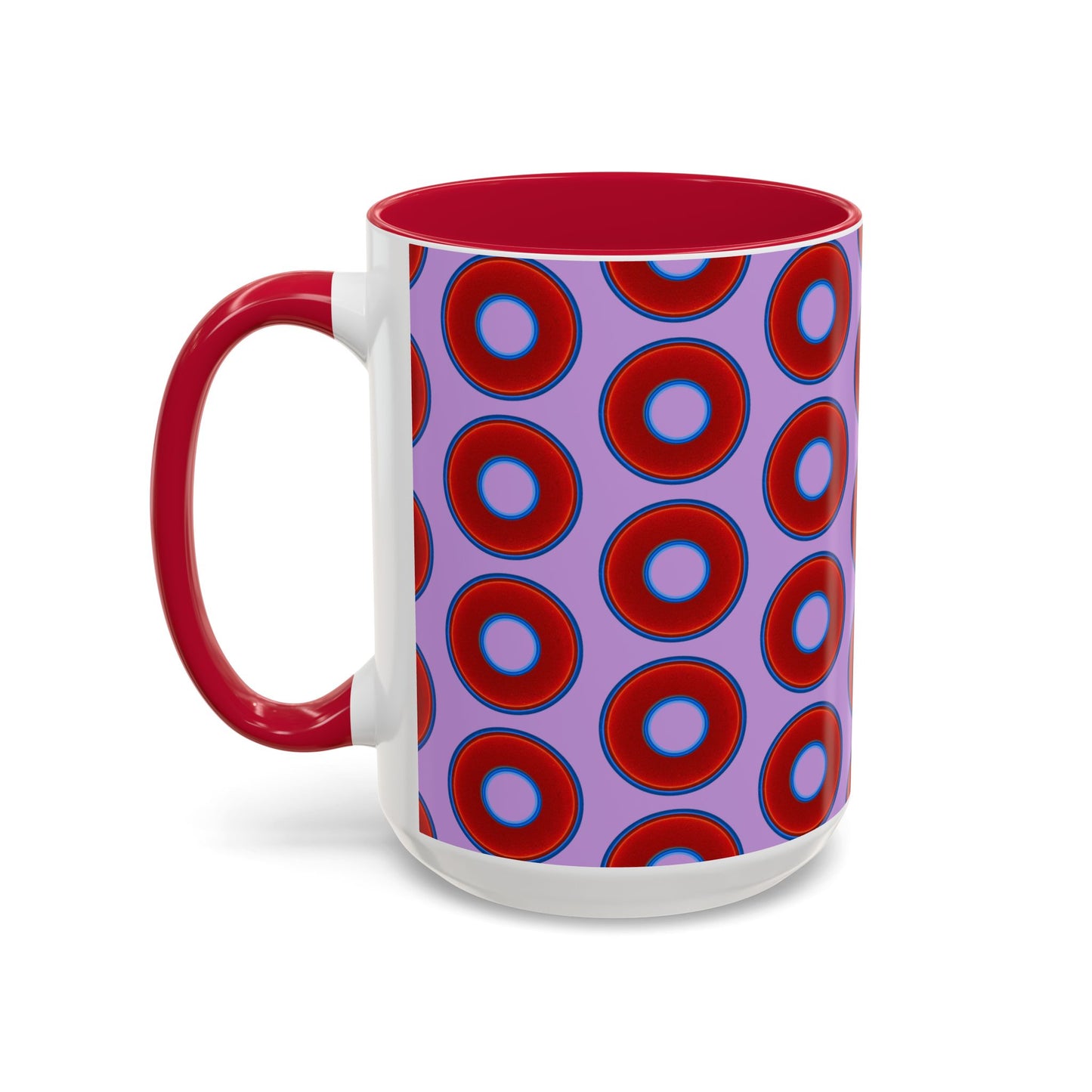 Lump's Grumpy Coffee Mug - vivid red donuts w/wisteria purple background