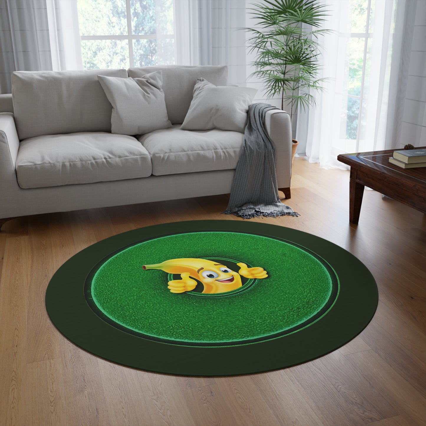 Round Room - 5 ft x 5 ft Lumpy Donut Rug - "Banana Bread Donut " - vivid green donut w/deep forest green background - variant 7