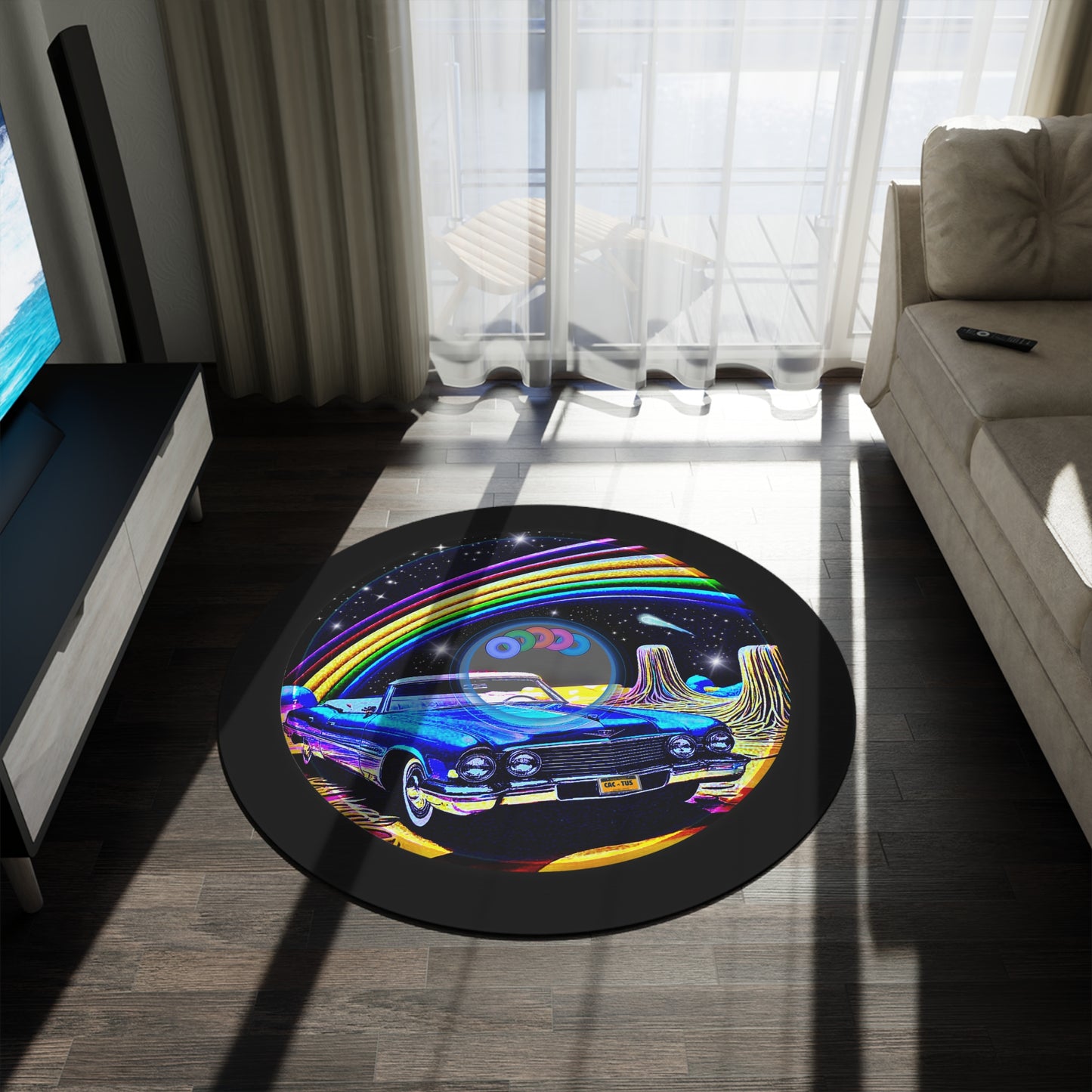Round Room - 5 ft x 5 ft Lumpy Donut Rug - "Halley's Caddy Donut Rug" - black/blue pic donut w/black background - variant 1
