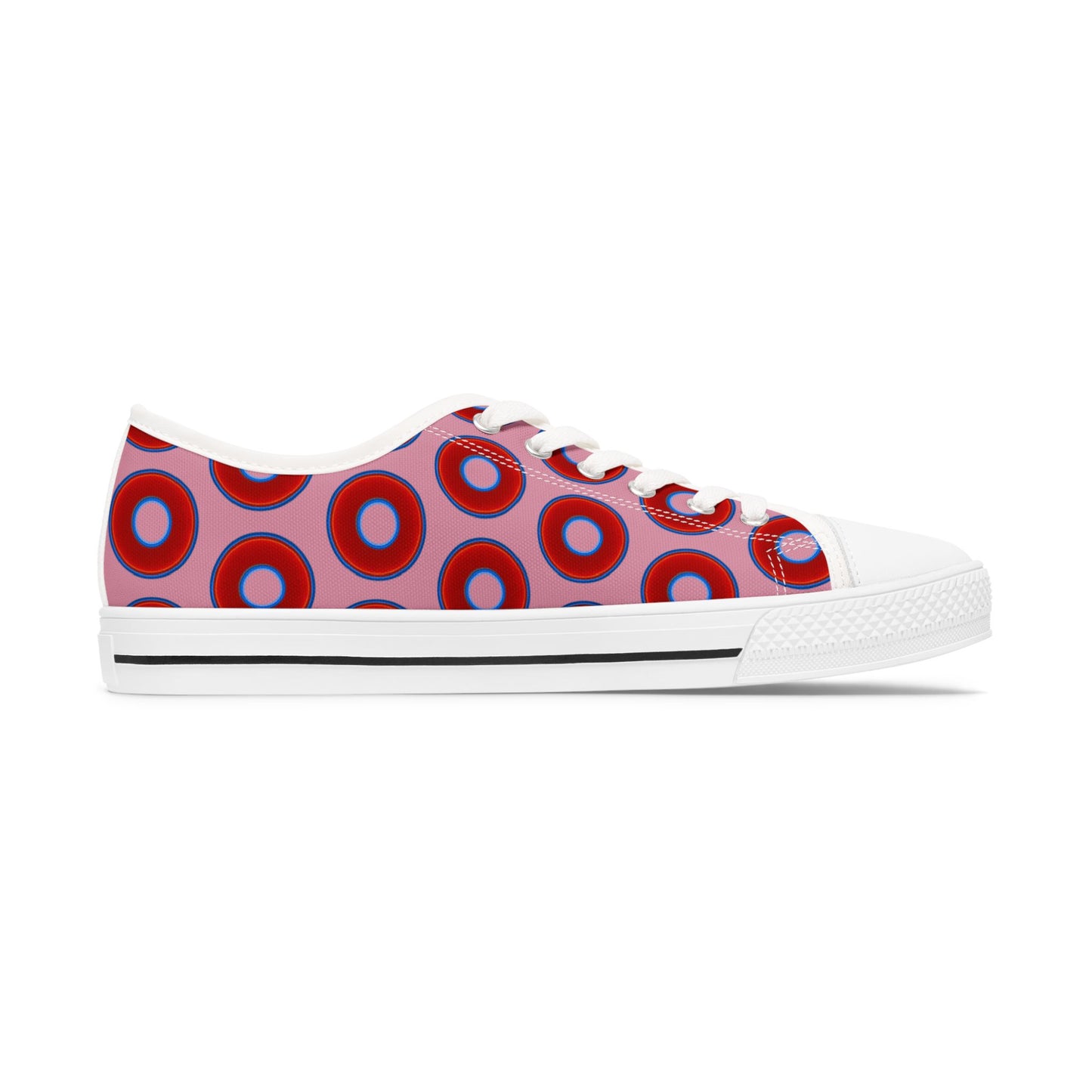 Women's - Low Top Chuck Taylors - large vivid red donut print w/pale magenta background