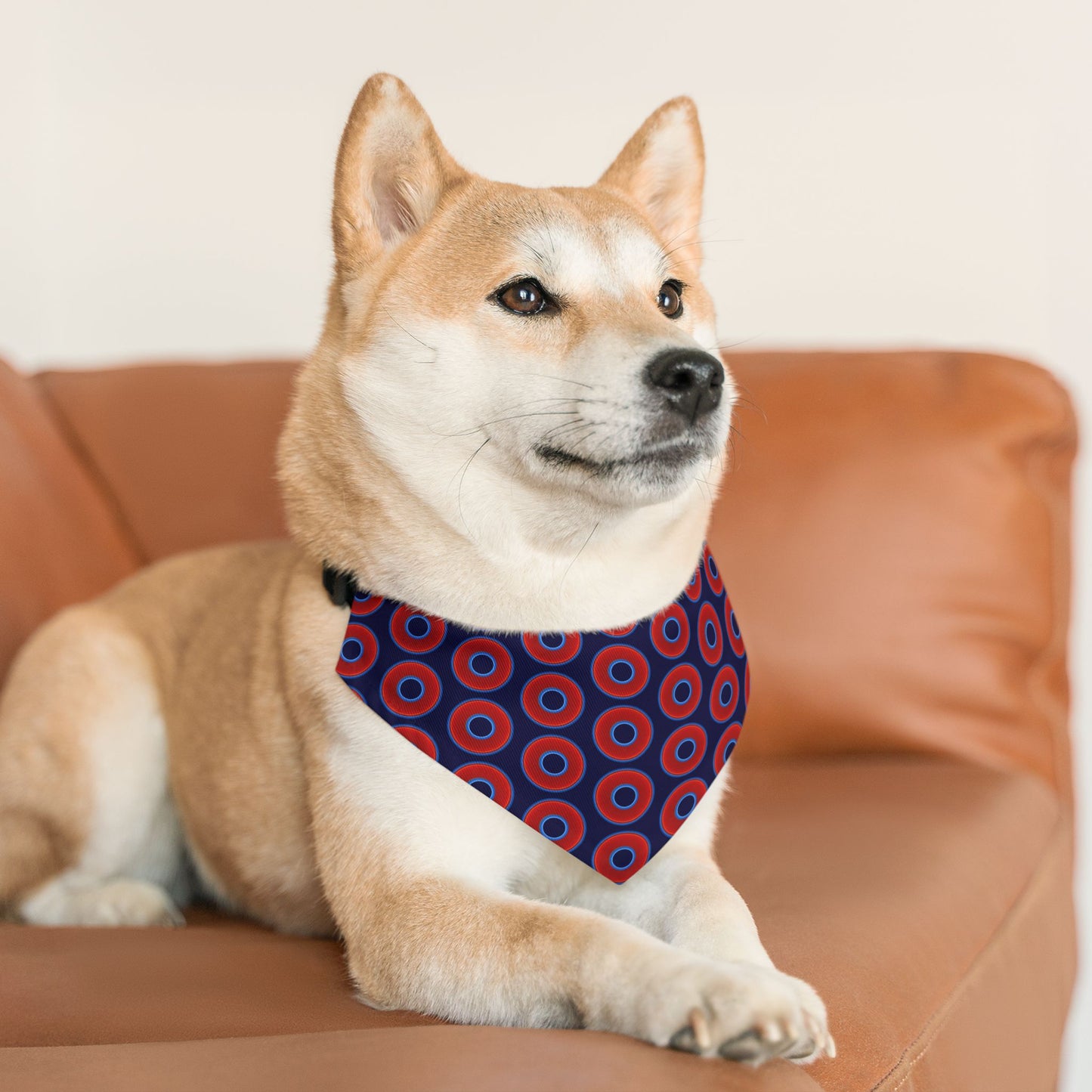 Jim's Lumpy Bandana Pet Collar - vivid red donuts w/midnight blue background