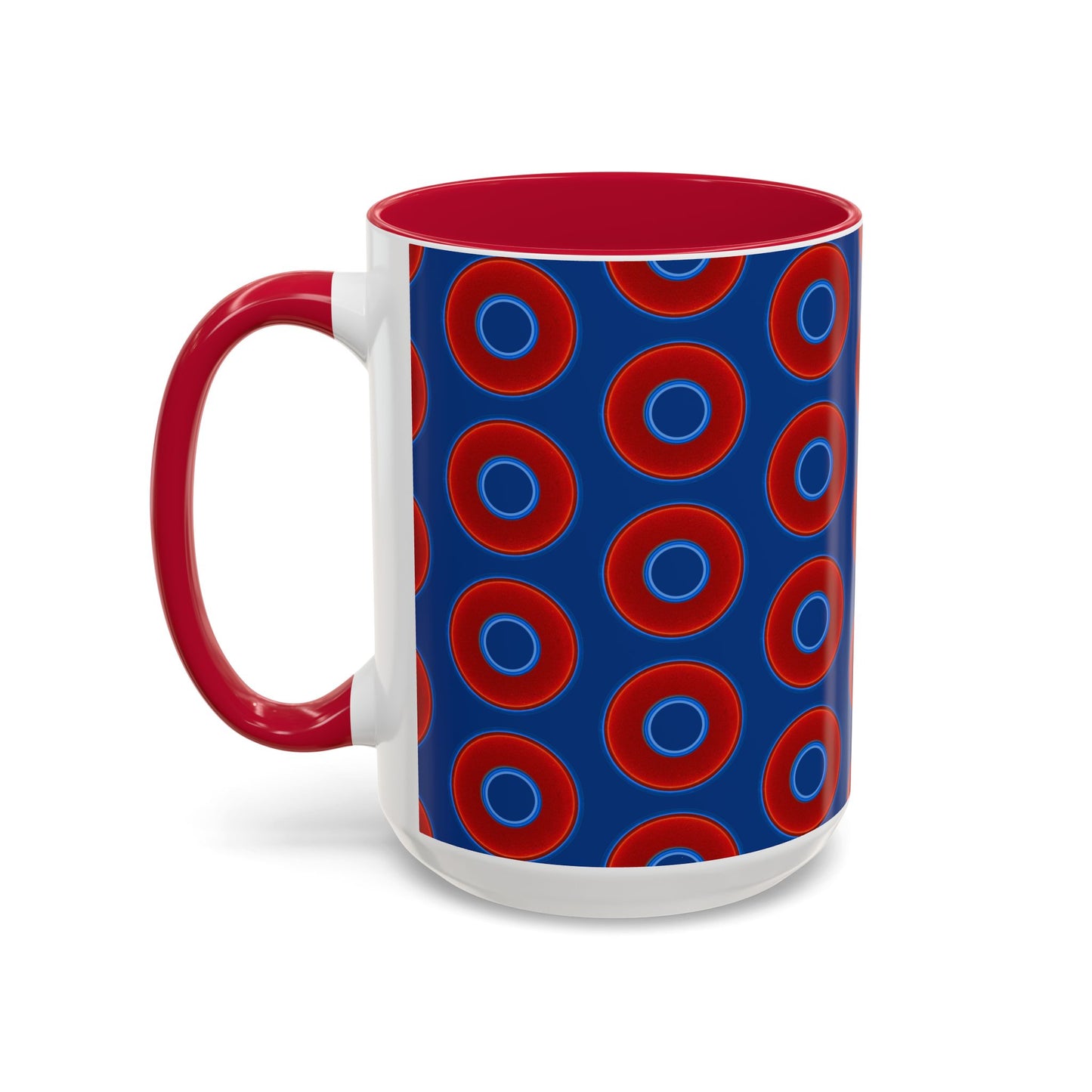 Lump's Grumpy Coffee Mug - vivid red donuts w/dark blue background