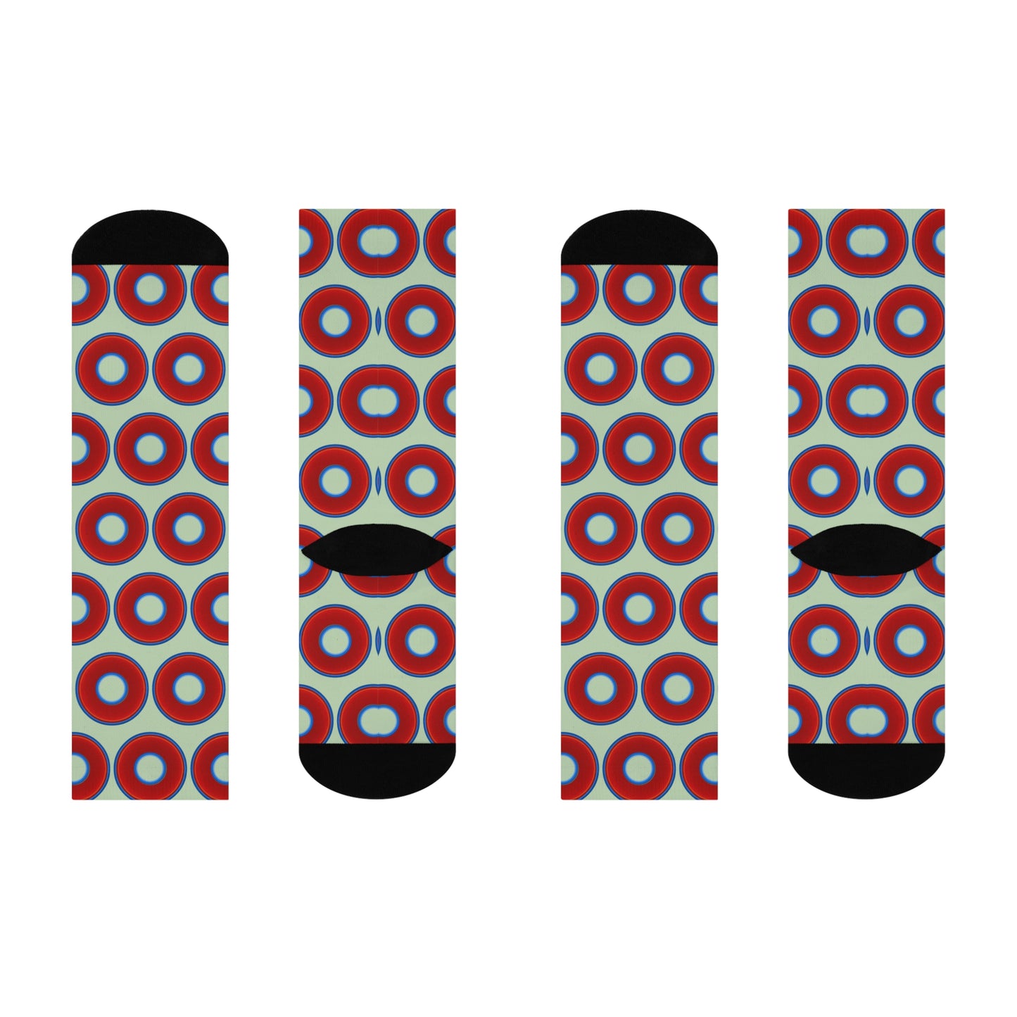 Lumpy Sox - cushioned crew - vivid red donut print w/seafoam background
