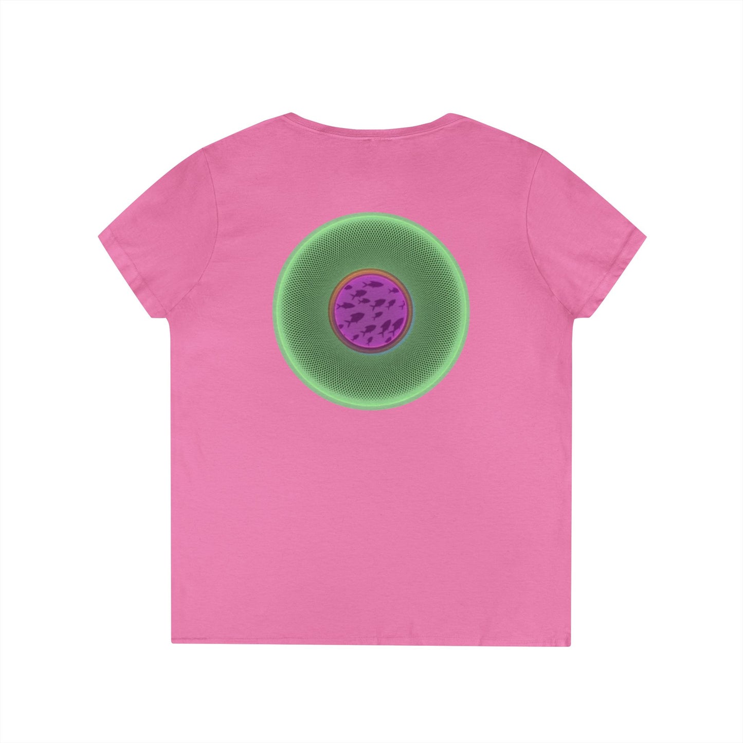 Women's Donut V-Neck Tee - "If I'm Swimming By" - variant 3 - light green/magenta phatty donut w/
