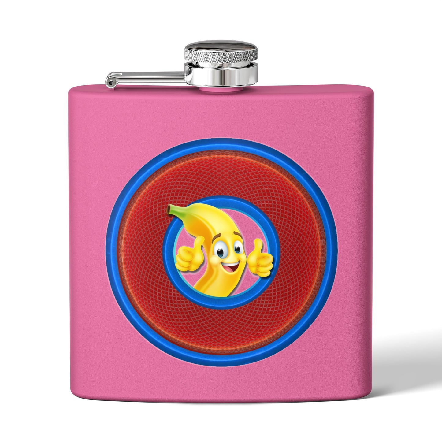 Lump's Donut Flask 6 oz -  "This Flask is Bananas" - red/blue rustic donut - [*w/your choice of 6 backgrounds]