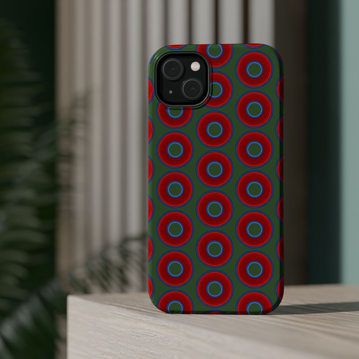 Magnetic Tough Donut Case - red vivid donut print w/dark green background