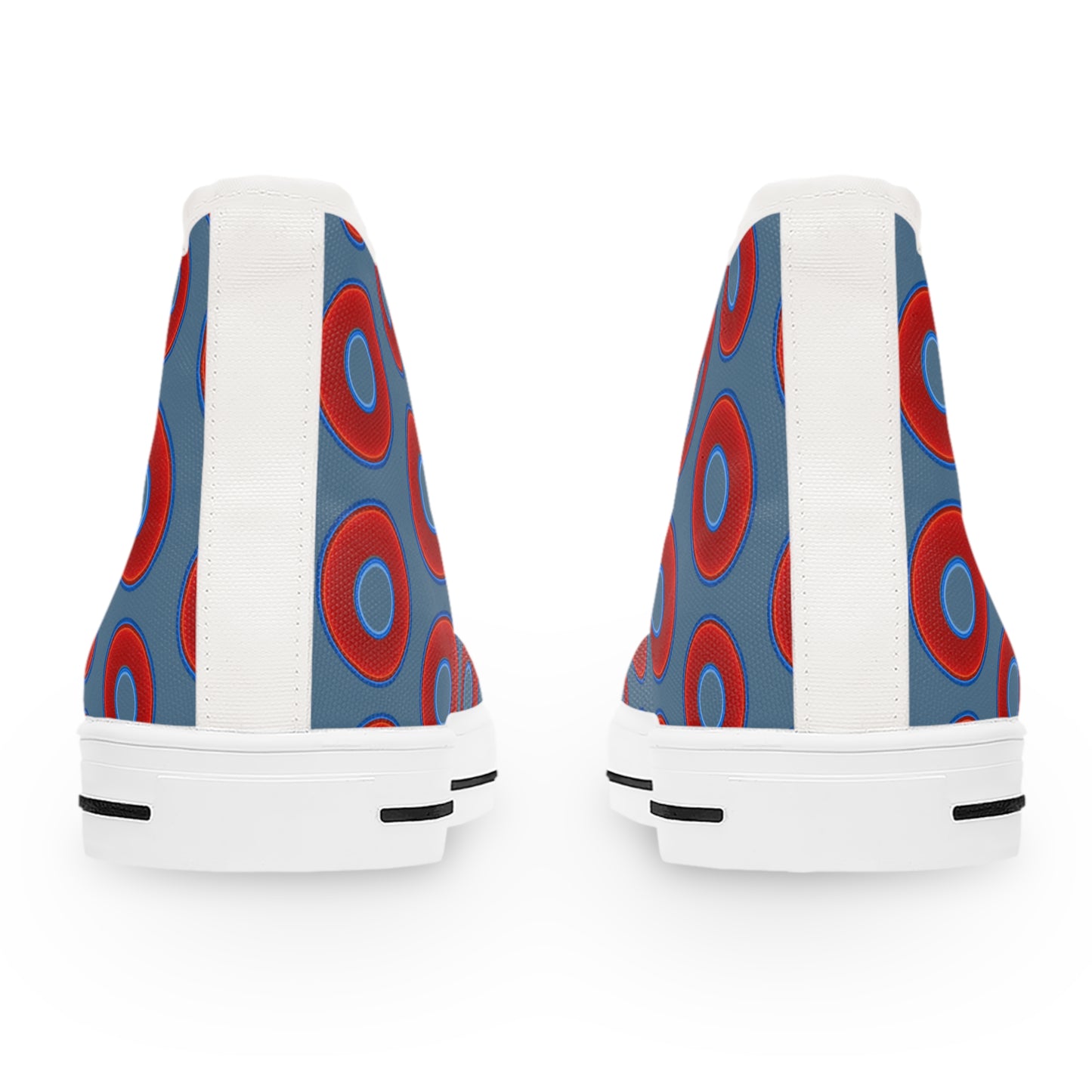 Women's High Top Chuck Taylors - large vivid red donut print w/steel blue background