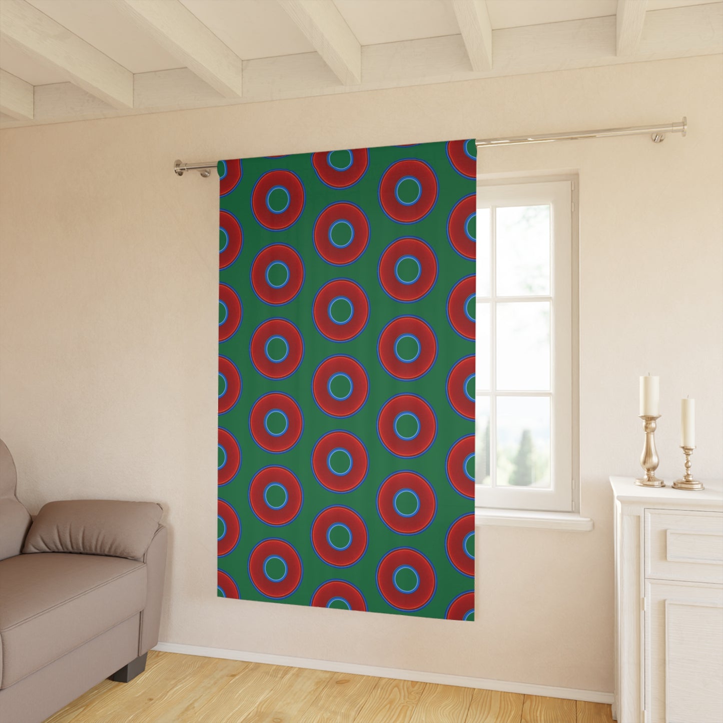 Lump's Heady Curtain w/Donuts - vivid red donut print - green background - [*1 Piece / 50" x 84"]