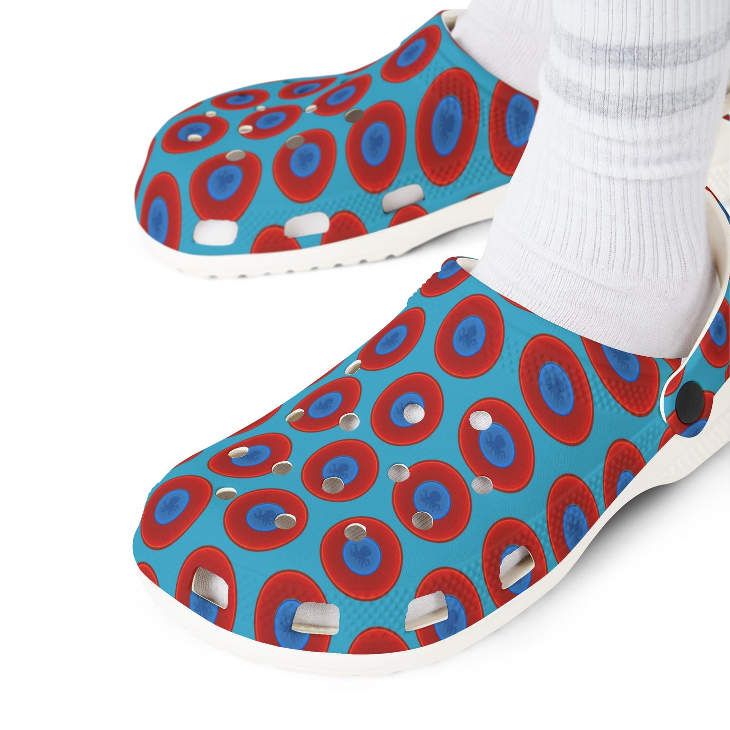 Spatchcocks - donut slip-on shoes - "Roger Moore's Octopussy Donut" - red vivid donuts w/turquoise background [unisex]