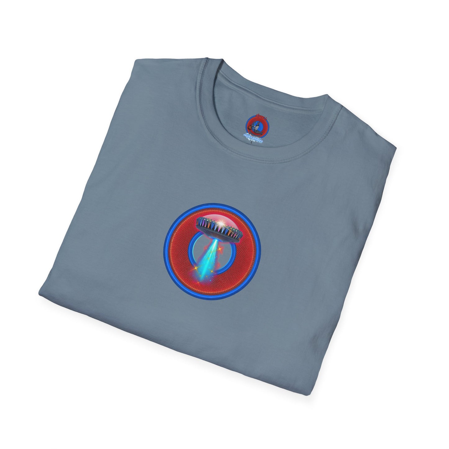 Classic Donut Tee - Unisex Soft-Style - "Donuts now Served on the Mothership" - red/blue donut