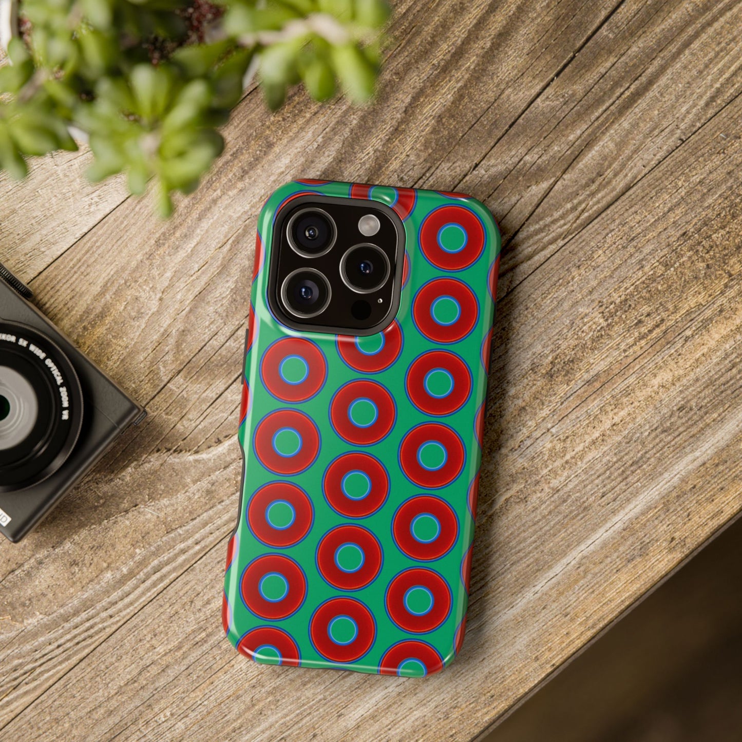 Magnetic Tough Donut Case - red vivid donut print w/jade green background