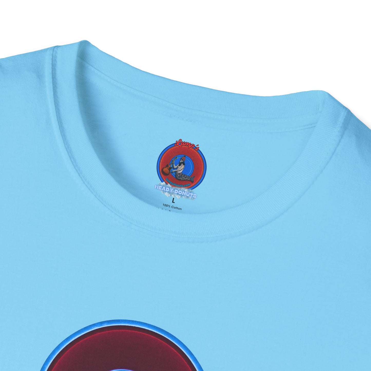 Classic Donut Tee - Unisex Soft-Style - "Brotherly Donuts Jawn" - vivid dark purple-red/light blue donut