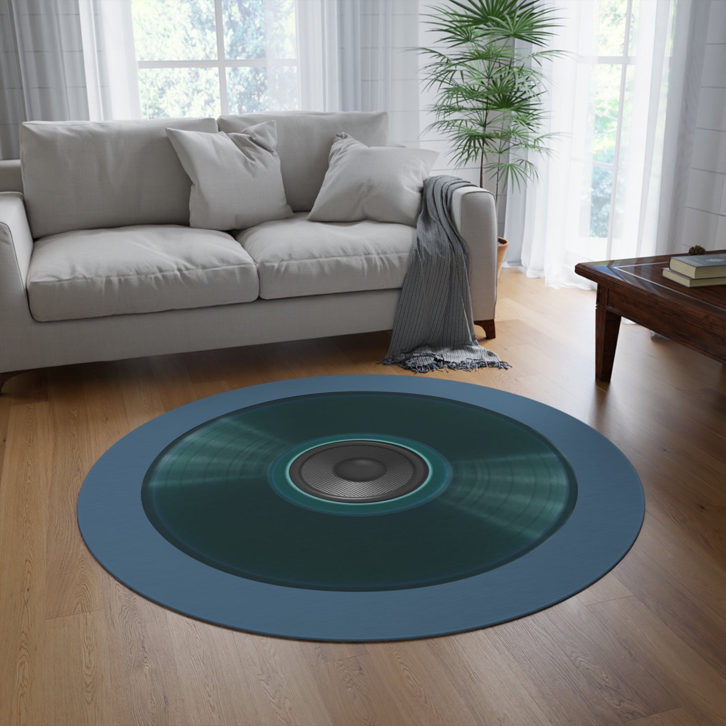 Round Room - 5 ft x 5 ft Lumpy Donut Rug - "Plain Speaker Donut " - vivid dark teal record donut w/steel blue background