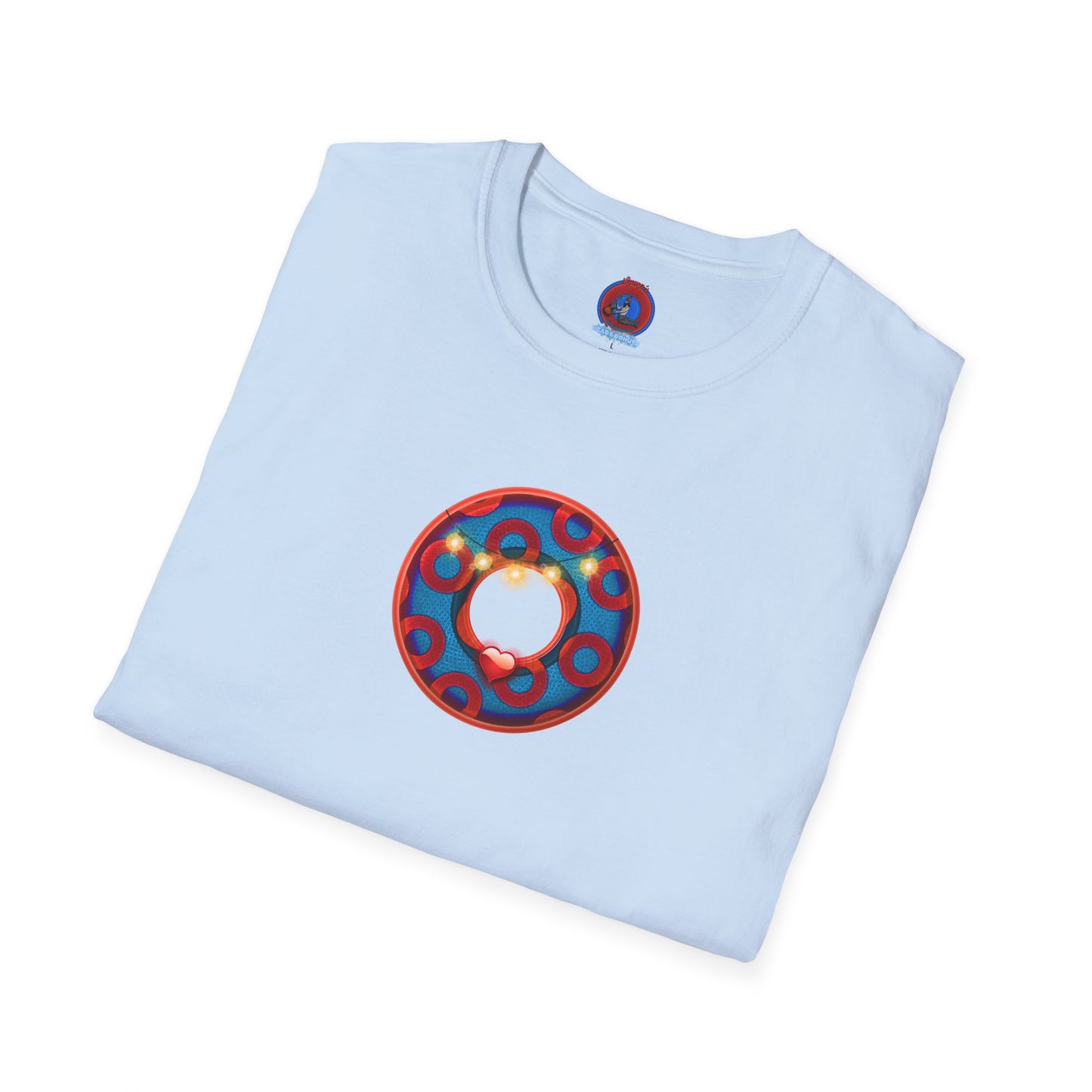 Classic Donut Tee - Unisex Soft-Style - "MORE Donuts Please" - rustic dark blue/red paradox donut - variant 1