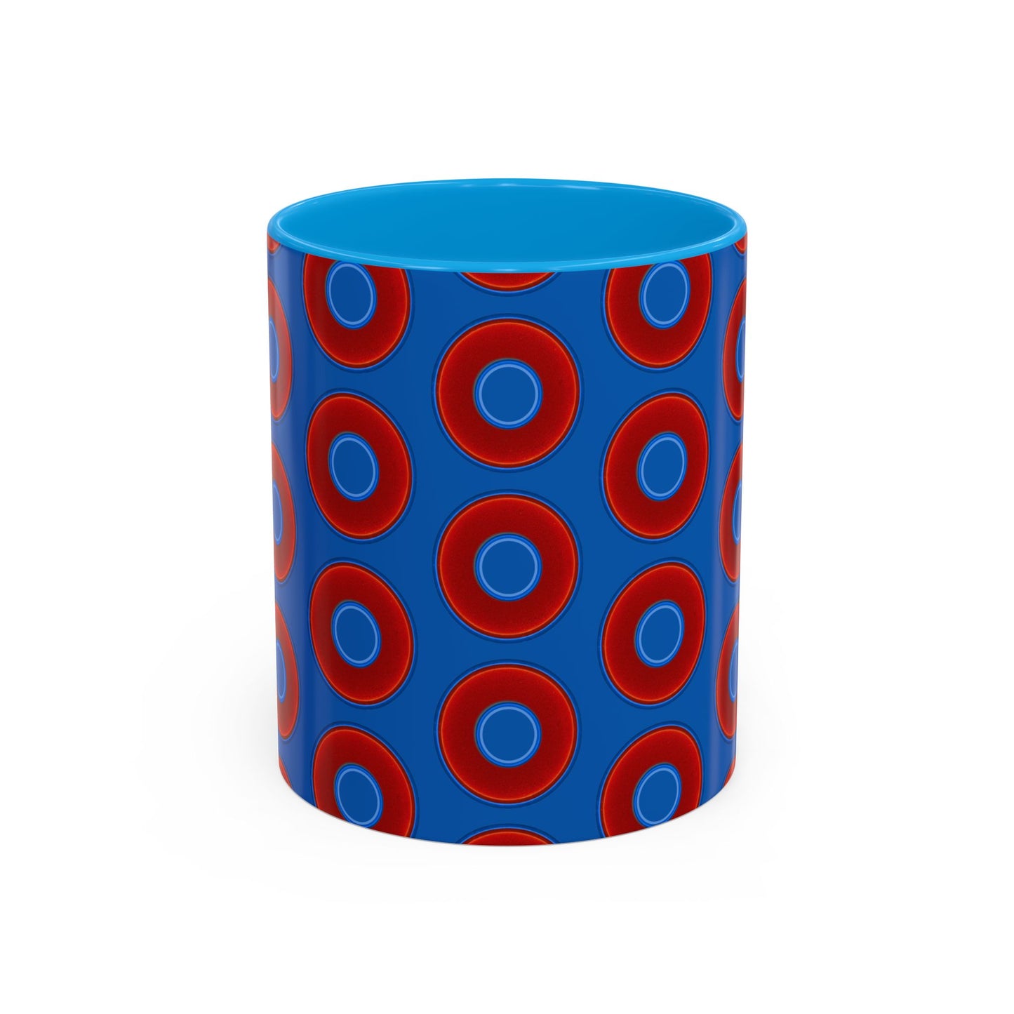 Lump's Grumpy Coffee Mug - vivid red donuts w/dark royal blue background