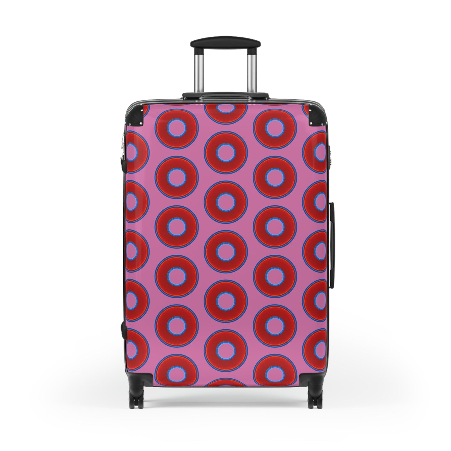 The Very Lumpy Donut Suitcase series - your choice of S, M or L - vivid red donut print w/light pink background