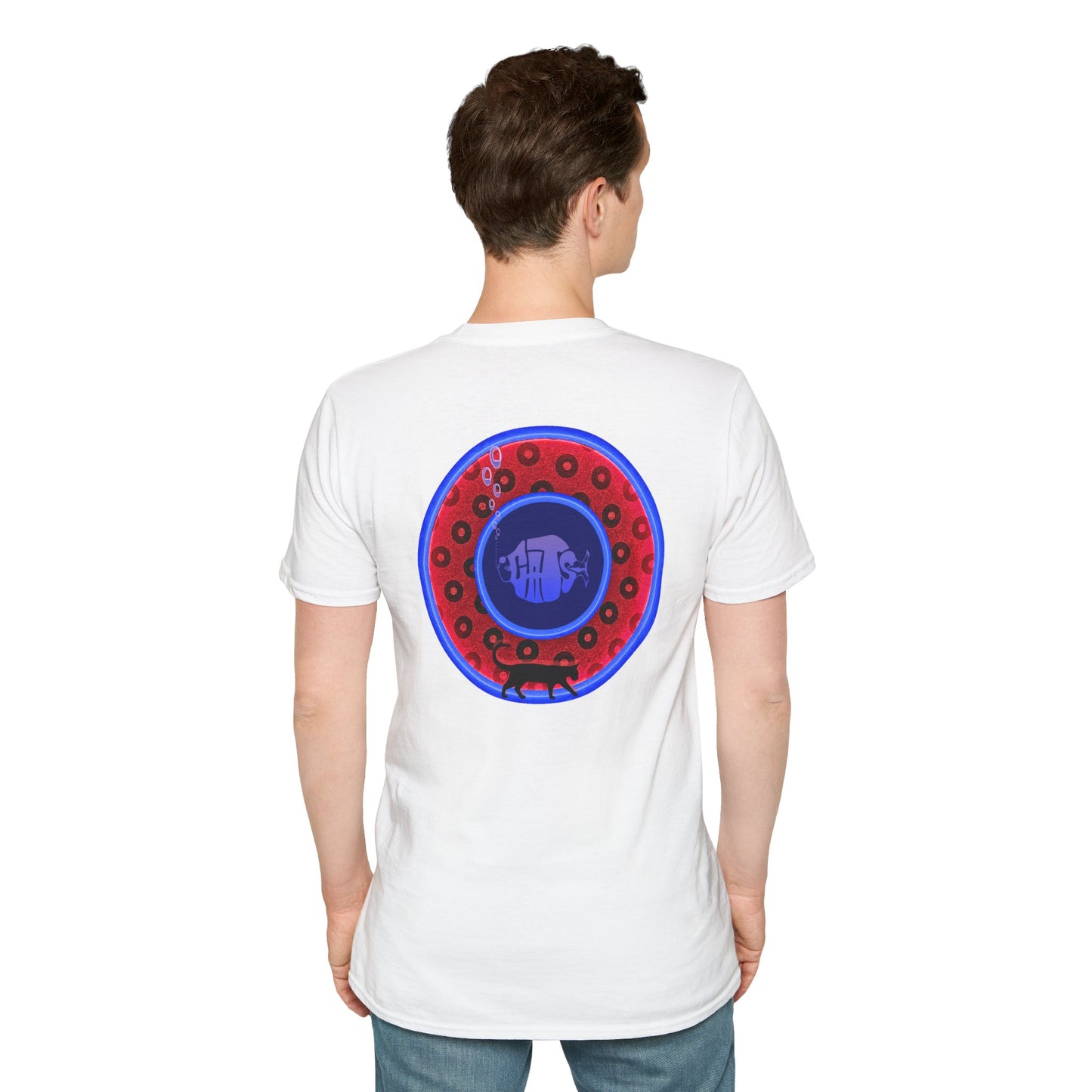 Classic Donut Tee - Unisex Soft-Style - "The Cat's Meow Donut' - red/blue paradox widemouthed donut
