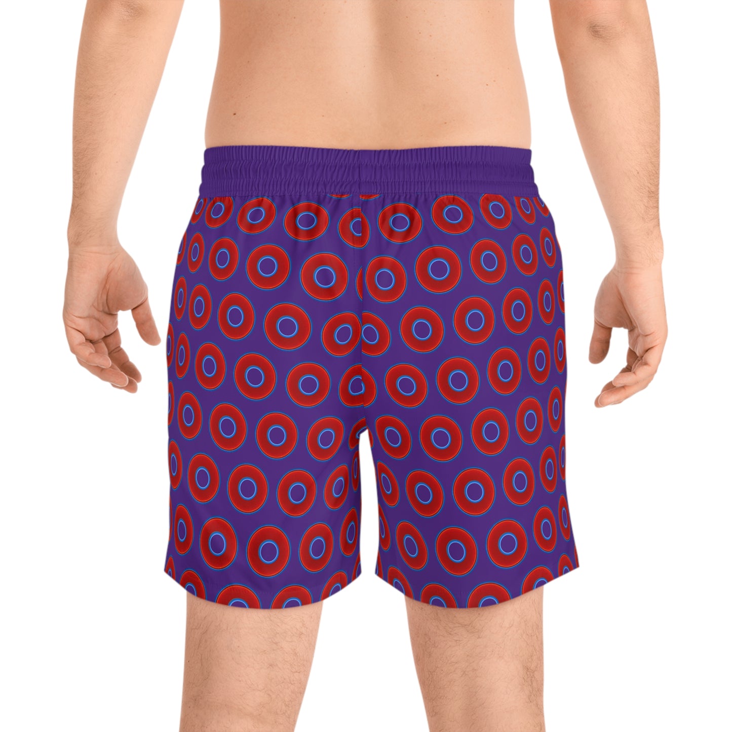 Men's Lumpy Swim Trunks - vivid red donut print w/purple background
