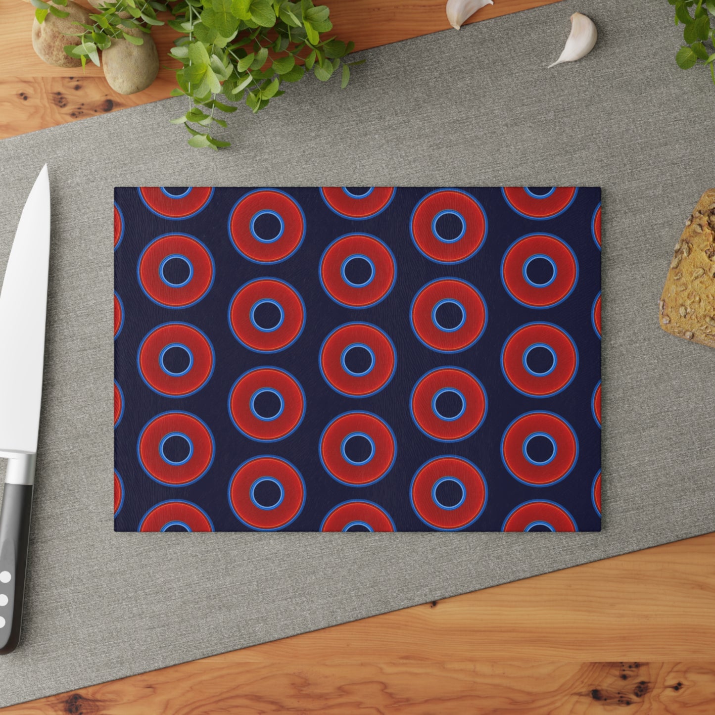My Friend's Cutting Board - vivid red donuts w/midnight blue background
