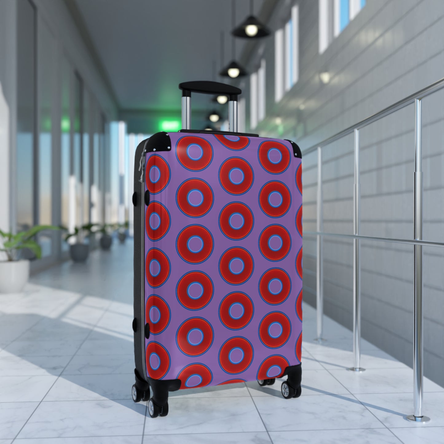 The Very Lumpy Donut Suitcase series - your choice of S, M or L - vivid red donut print w/light purple background