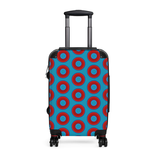 Very Lumpy Donut Suitcase series - your choice of S, M or L - vivid red donut print w/aquamarine blue background
