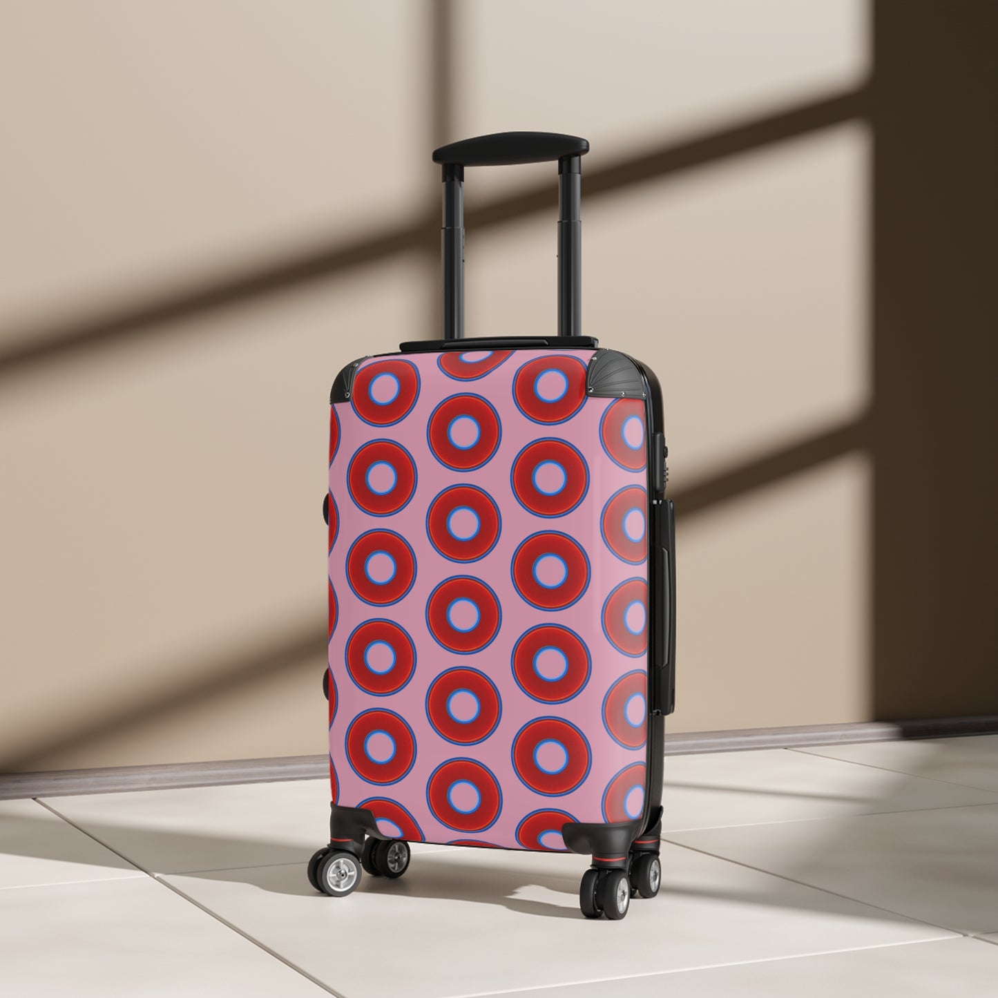 Very Lumpy Donut Suitcase series - your choice of S, M or L - vivid red donut print w/pale magenta background