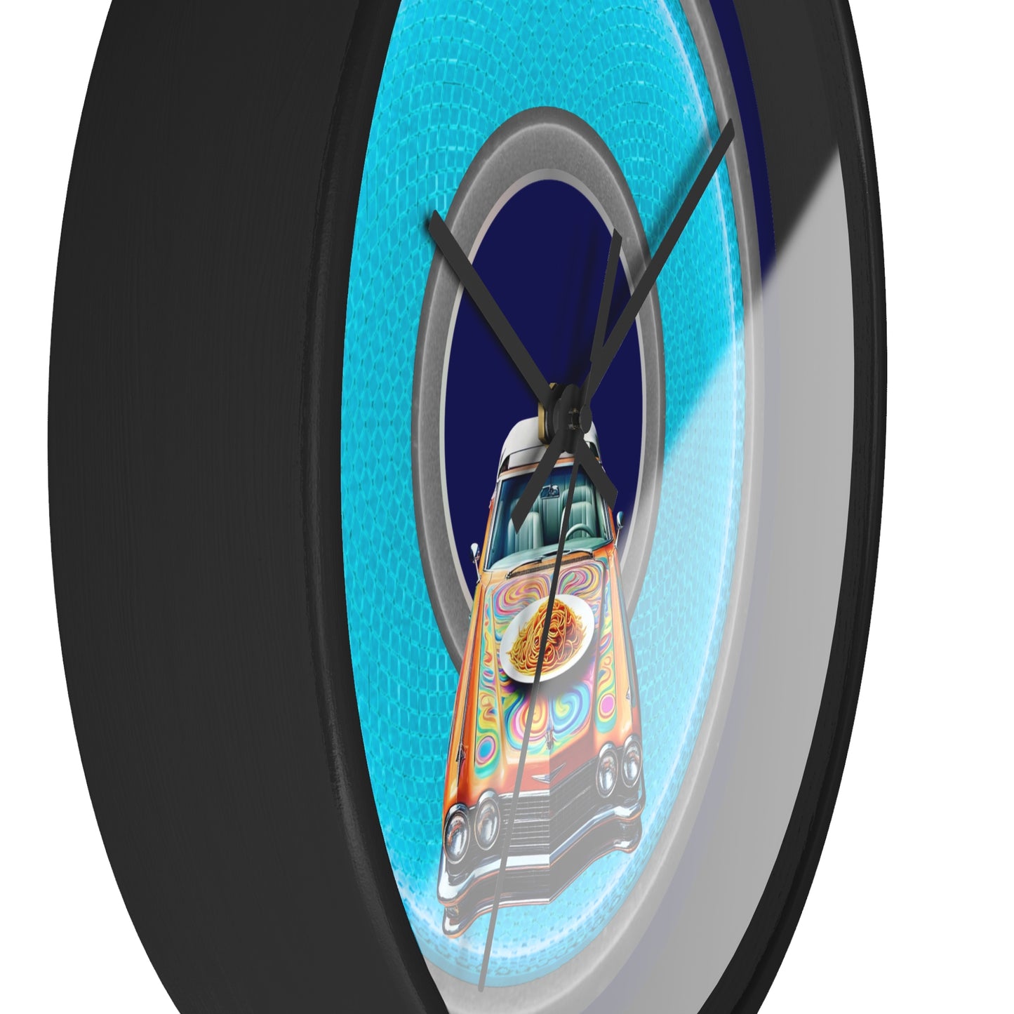 Lumpy Wall Clock - "Cadillac Rainbows & Eating on the Run" - variant 2 - rustic light blue/gray donut w/navy blue background