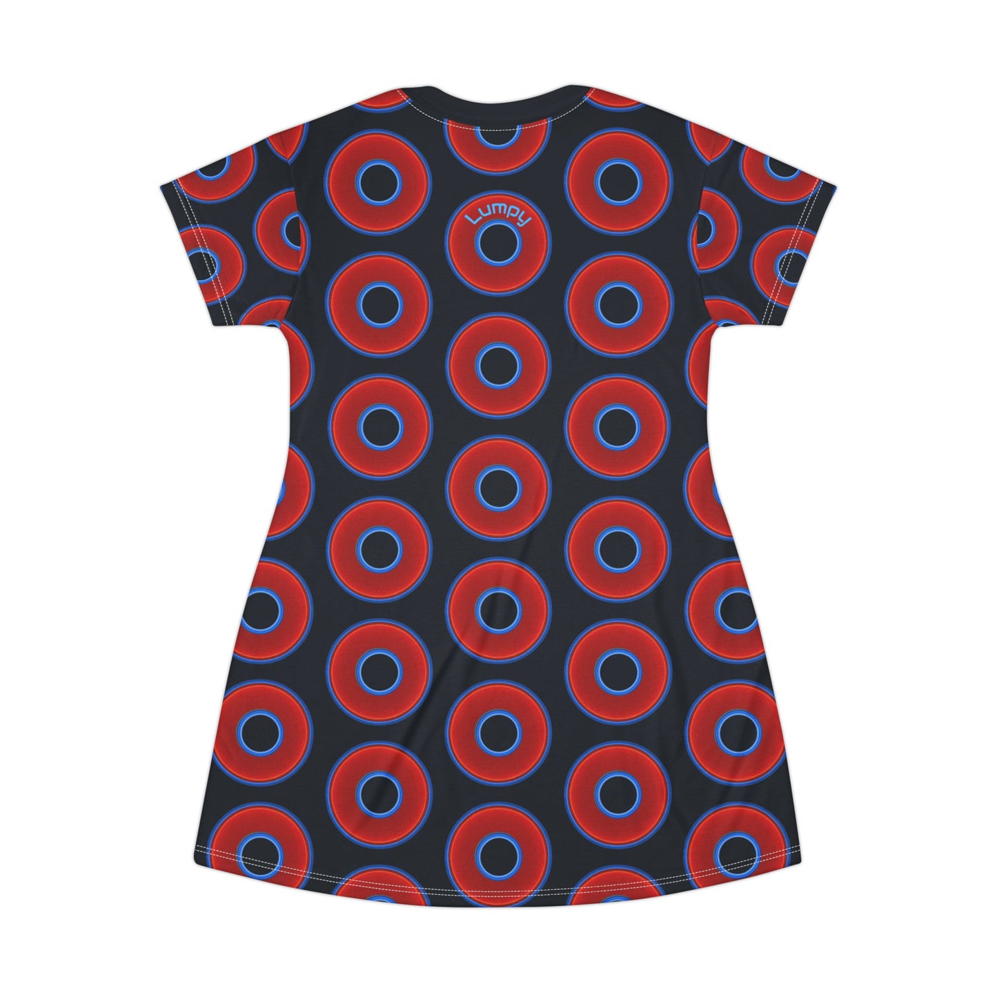 Not a Muumuu AOP Tee Shirt Dress - red vivid donuts w/midnight blue background
