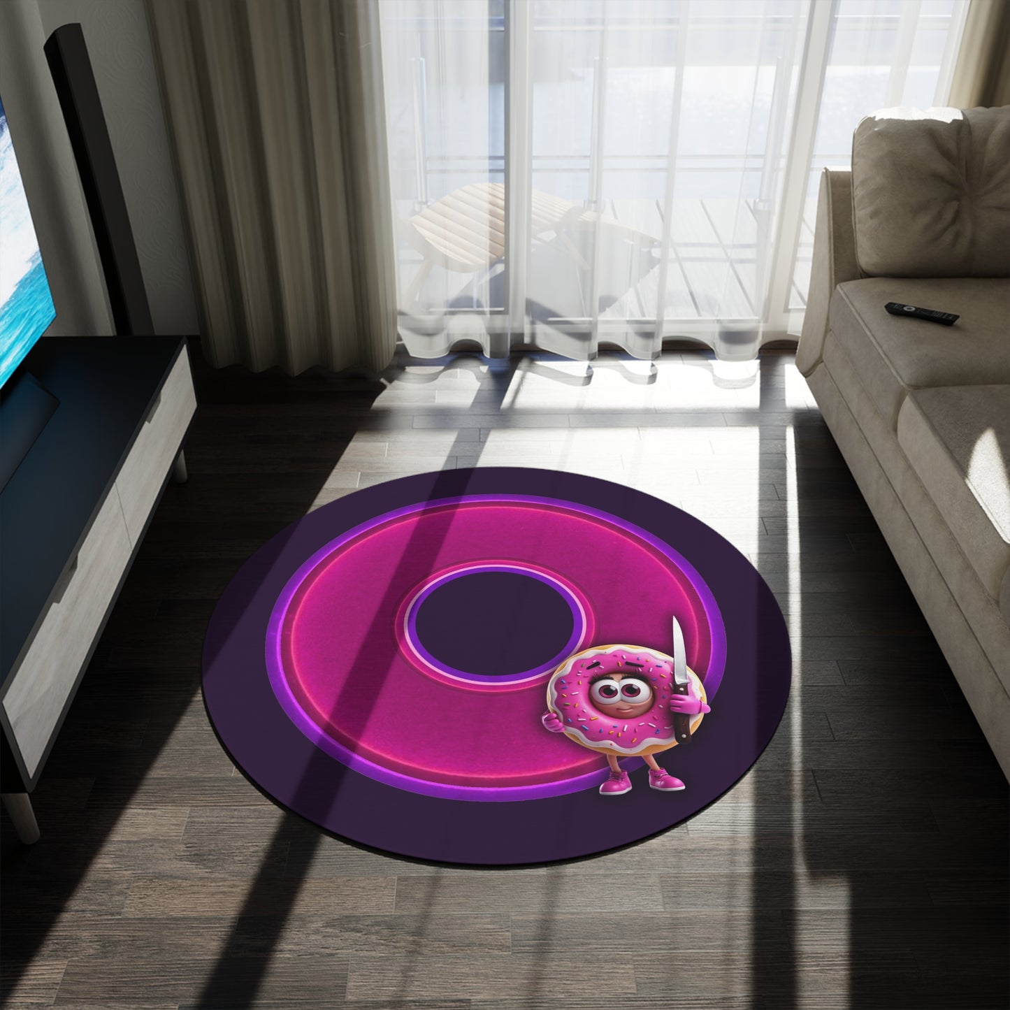 Round Room - 5 ft x 5 ft Lumpy Donut Rug - "My Phriend the Donut Rug" - vivid magenta donut w/midnight purple background - variant 3