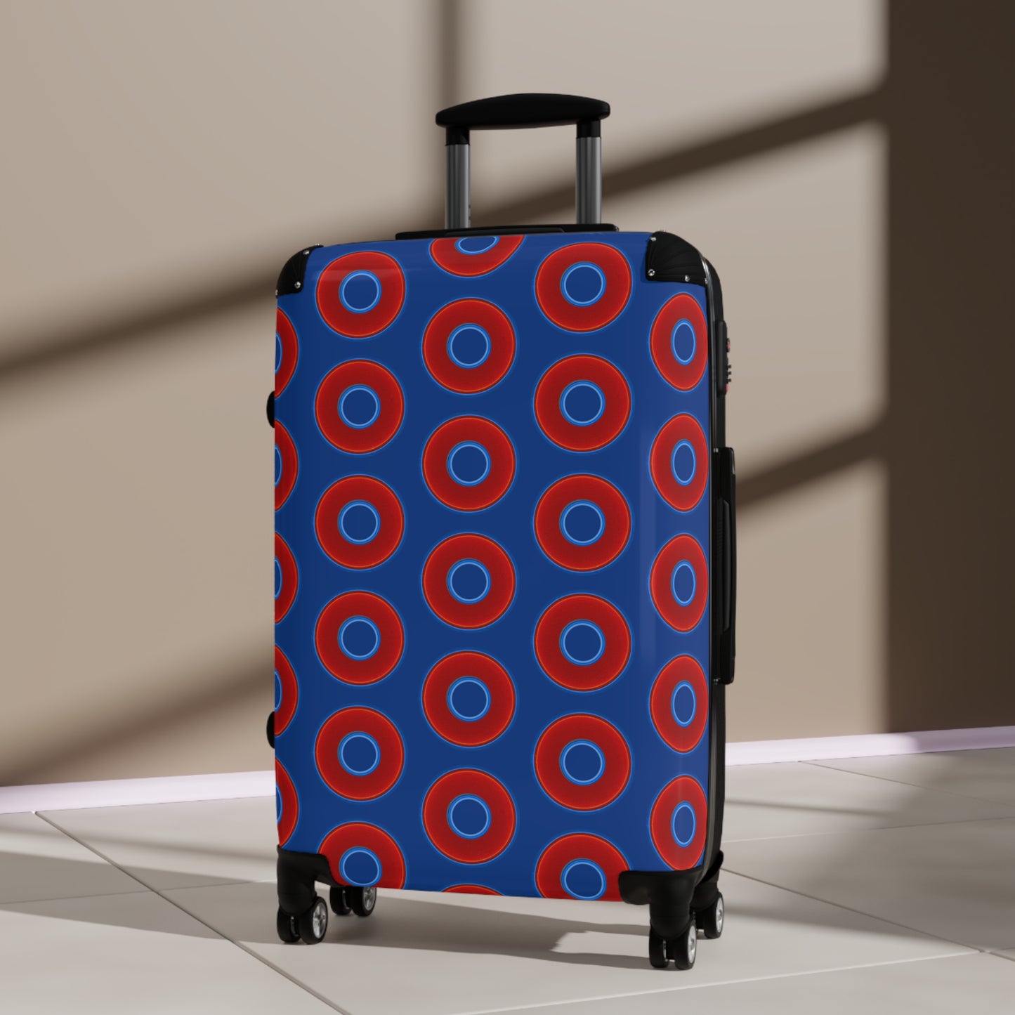 Very Lumpy Donut Suitcase series - your choice of S, M or L - vivid red donut print w/dark blue background