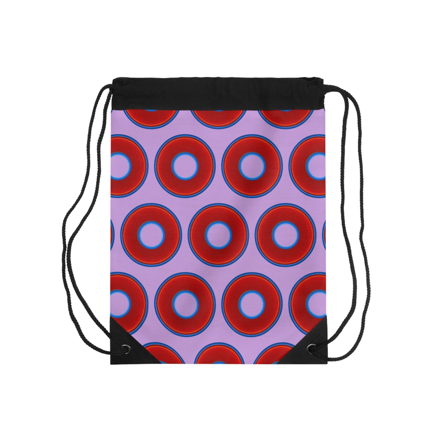 Lumpy Donut Drawstring Bag - red vivid donuts print w/wisteria purple background