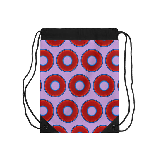 Lumpy Donut Drawstring Bag - red vivid donuts print w/wisteria purple background