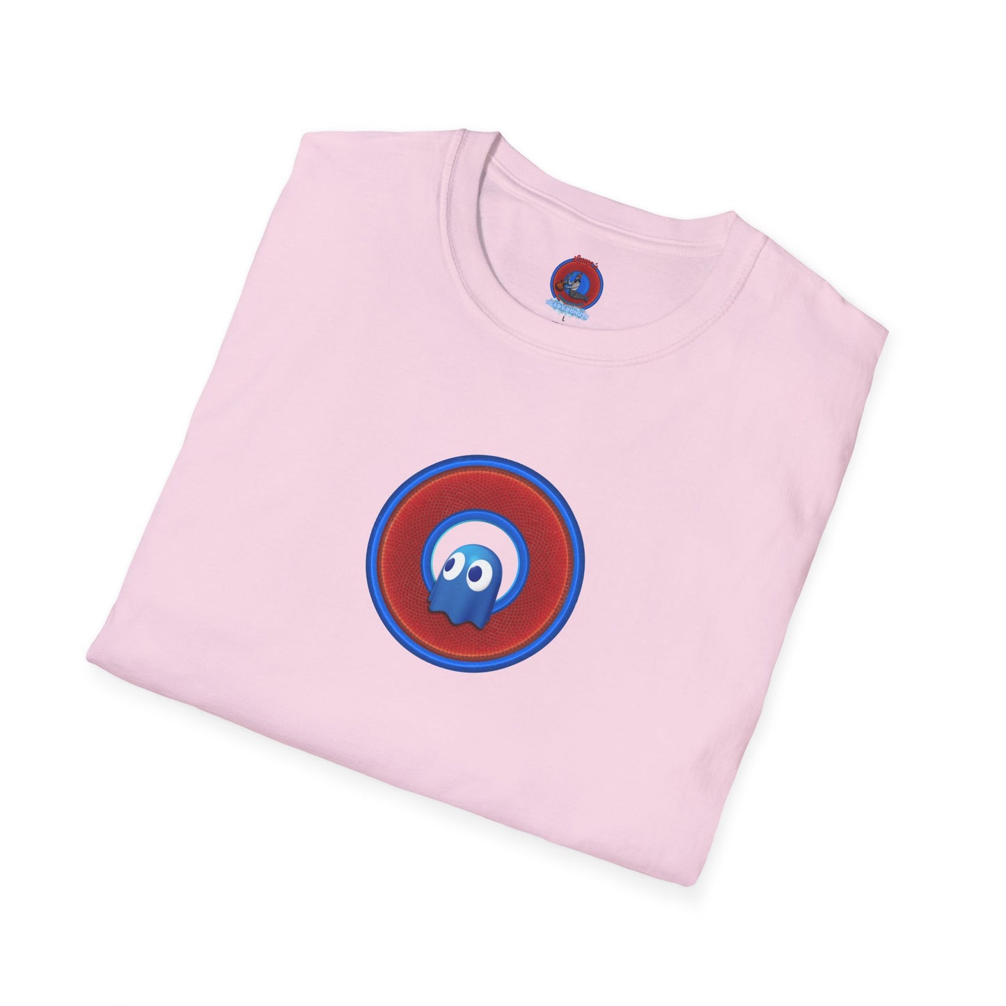 Classic Donut Tee - Unisex Soft-Style - "The Story of the Donut - a Ghostly Good Time" - red/blue rustic donut - variant 1