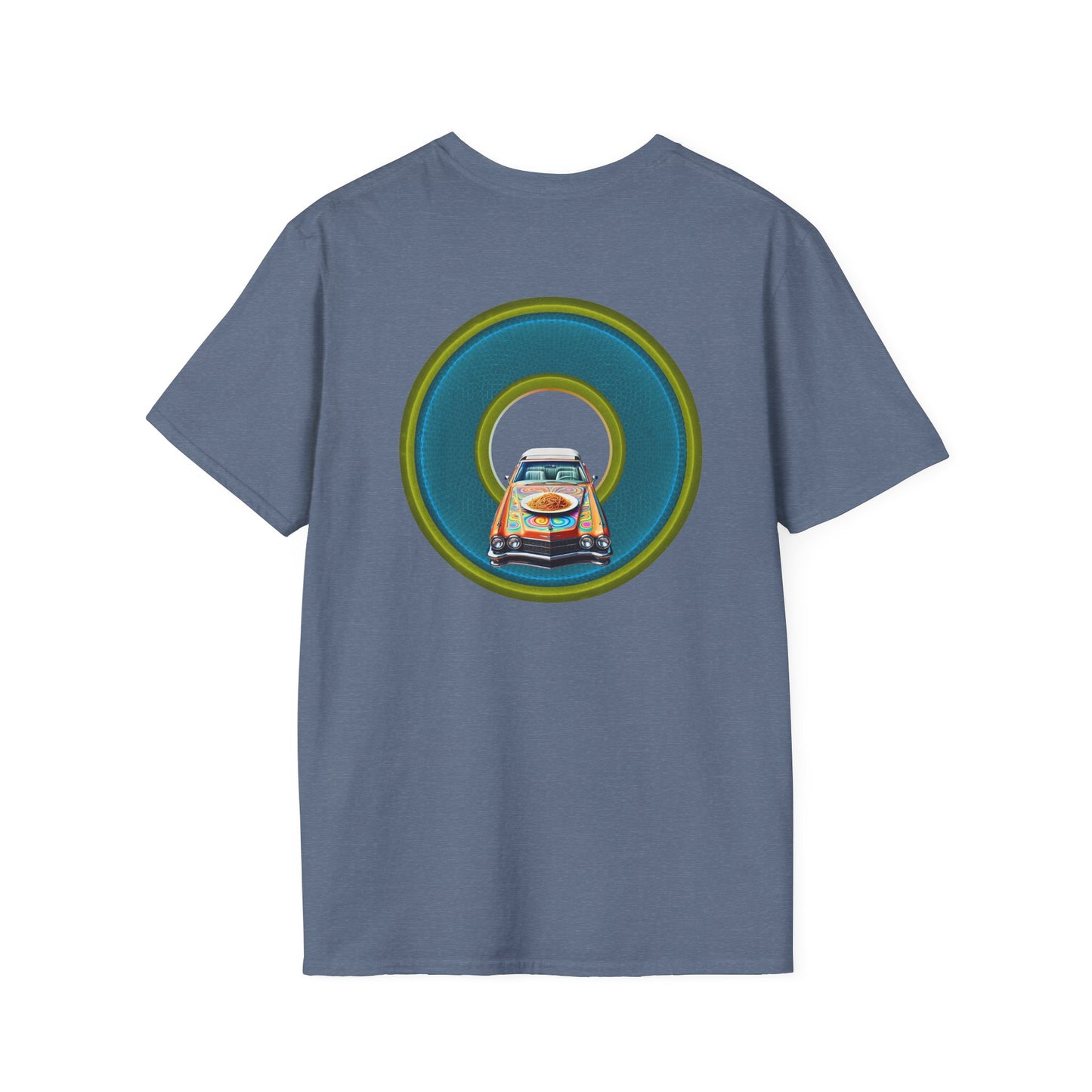 Classic Donut Tee - Unisex Soft-Style - "Cadillac Rainbow Spaghetti Incident" - series 1.0  - variant 1 - blue/green donut