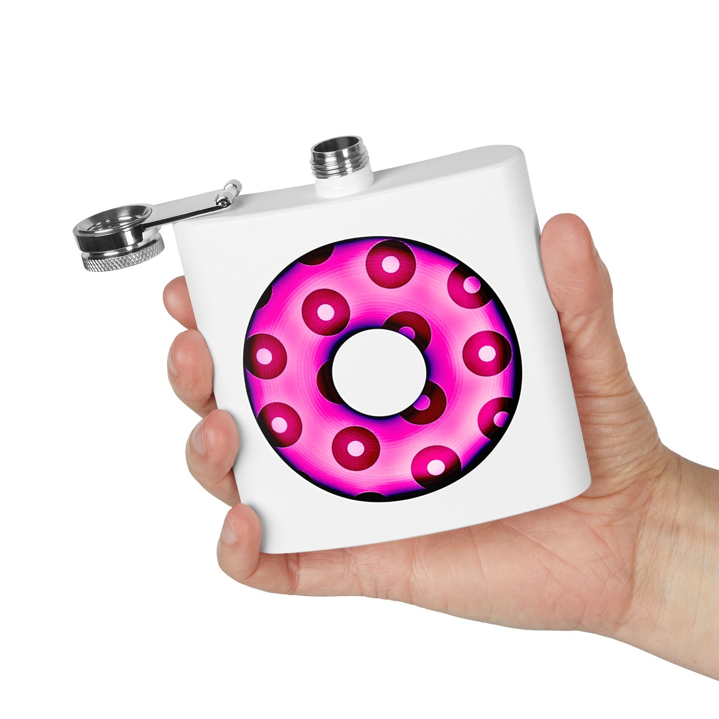 Lump's Donut Flask 6 oz -  Hot Magenta/Red Blimpy Paradox Donut - [*w/your choice of 6 backgrounds]