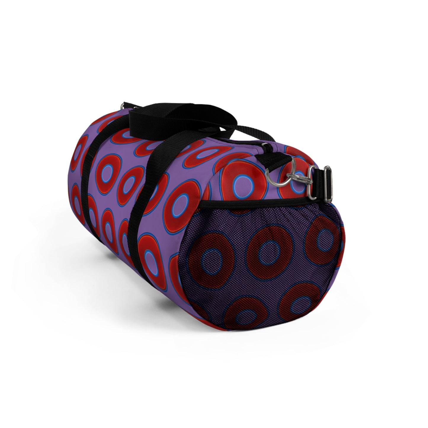 Lumpy Duffel - vivid red donuts w/light purple background