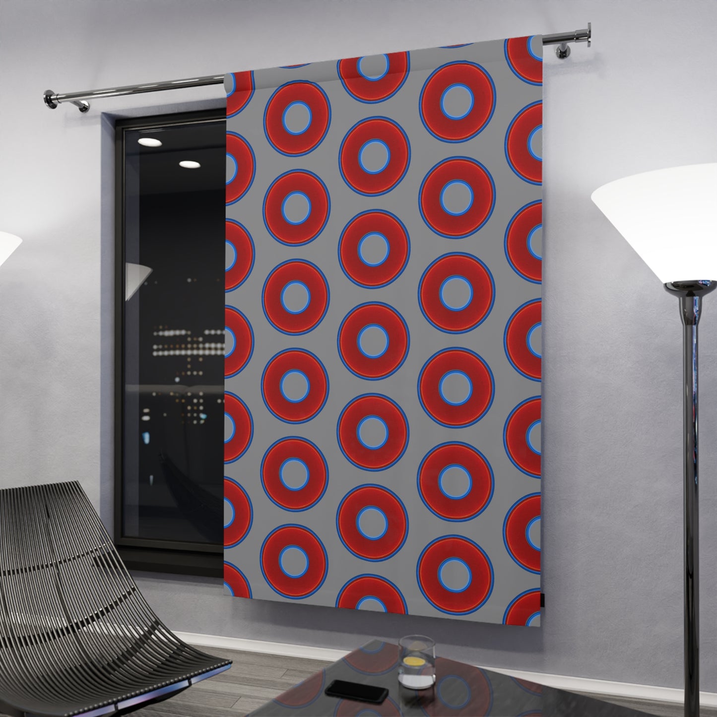 Lump's Heady Curtain w/Donuts - vivid red donut print - w/gray background - [*1 Piece / 50" x 84"]
