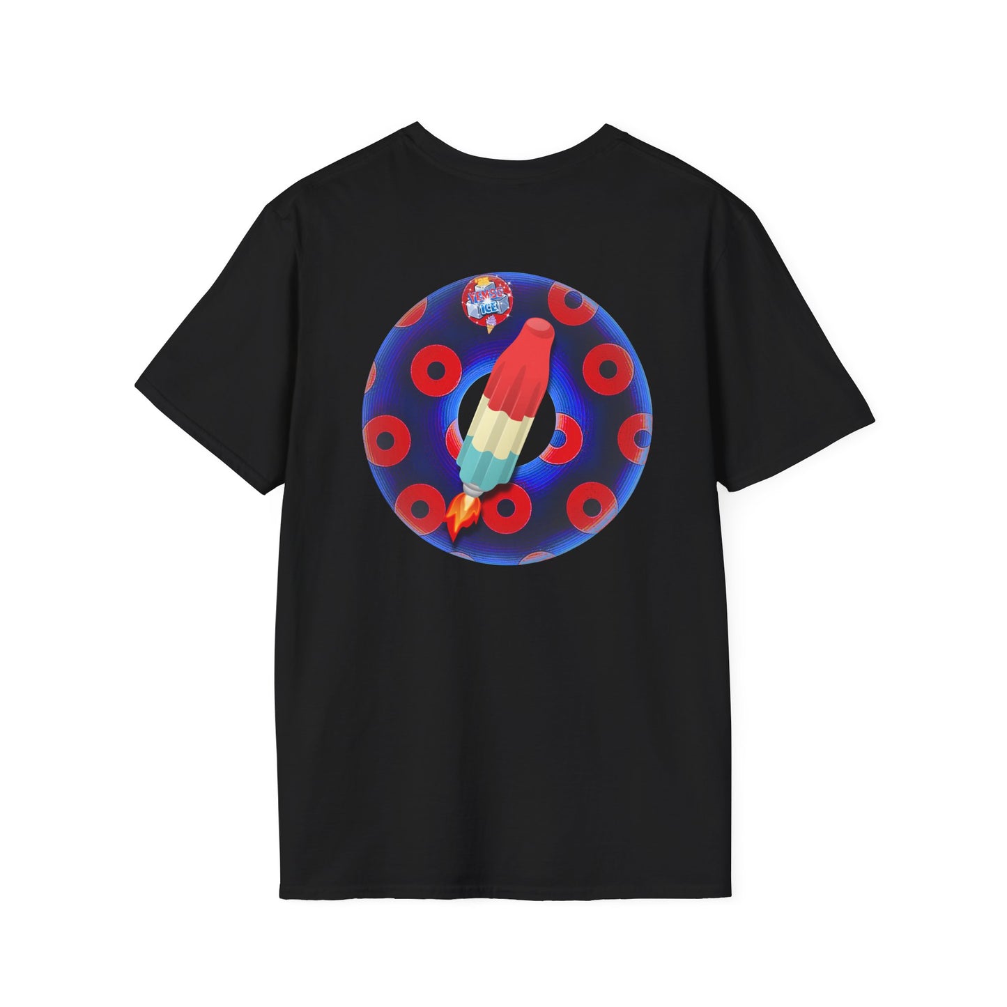 Classic Donut Tee - Unisex Soft-Style - "Blow this Popsicle Stand" - blue/red paradox bomb pop donut - variant 2